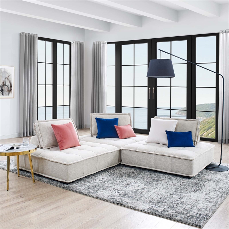 Maklaine Contemporary 3-Piece Tufted Fabric Sofa in Beige Finish
