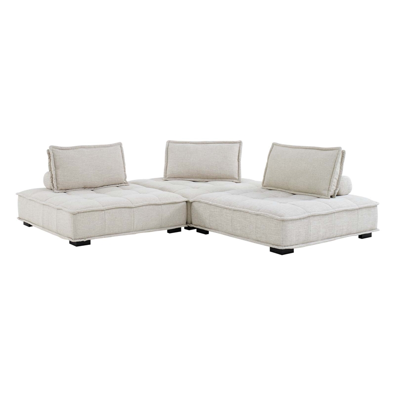 Maklaine Contemporary 3-Piece Tufted Fabric Sofa in Beige Finish
