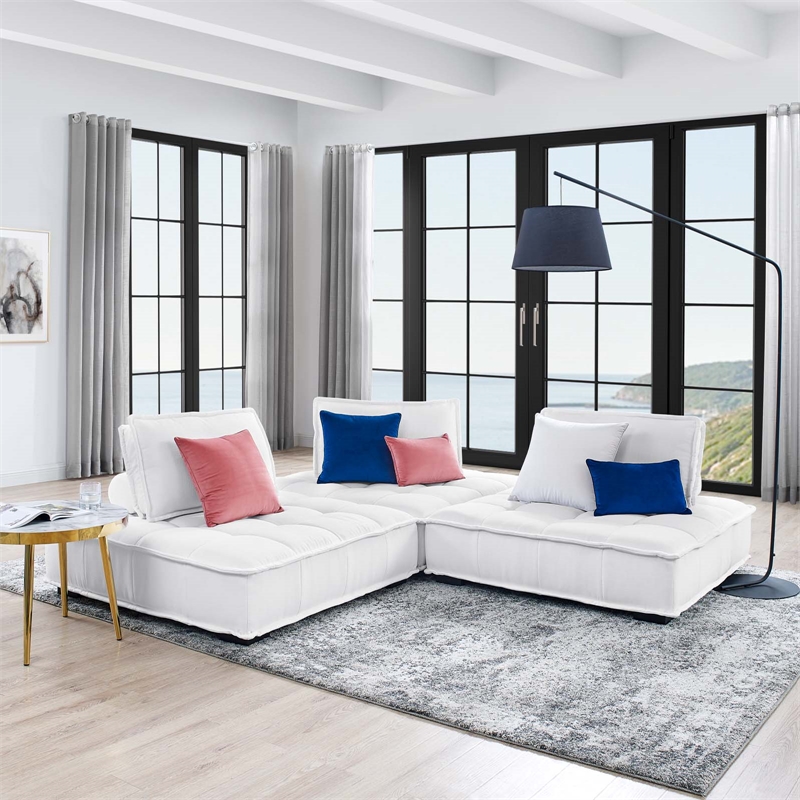 Maklaine Contemporary 3-Piece Tufted Fabric Sofa in White Finish