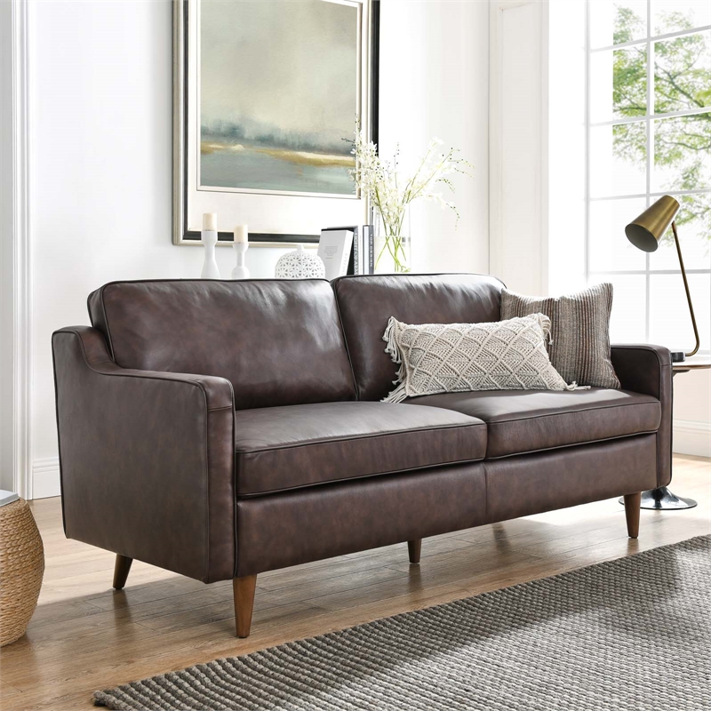 Maklaine Contemporary Genuine Leather Upholstered Sofa in Brown