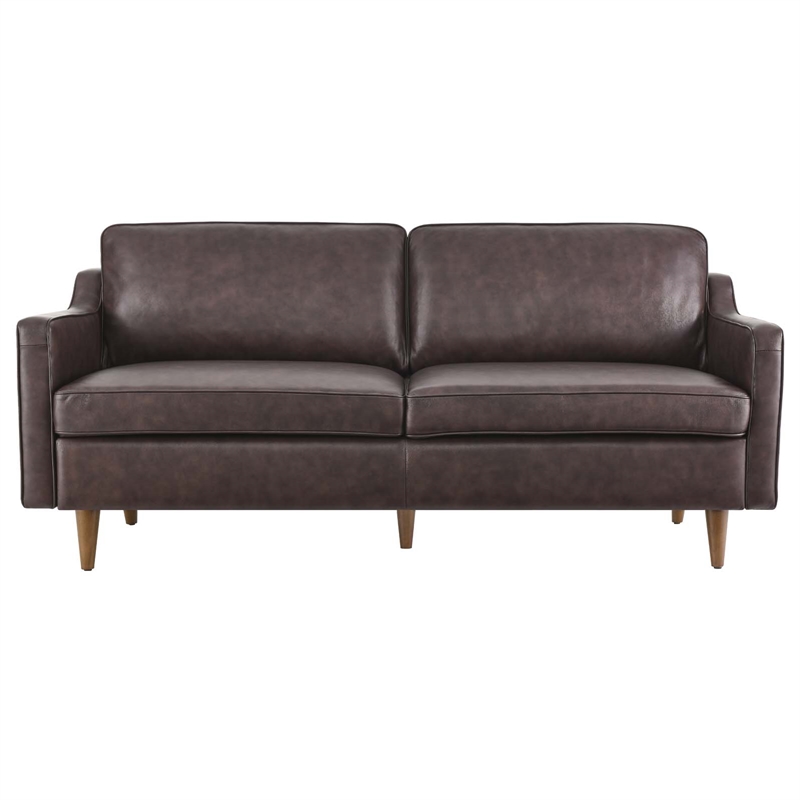 Maklaine Contemporary Genuine Leather Upholstered Sofa in Brown