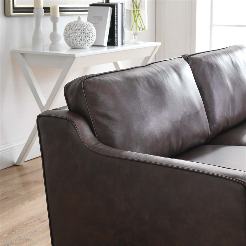 Maklaine Contemporary Genuine Leather Upholstered Sofa in Brown
