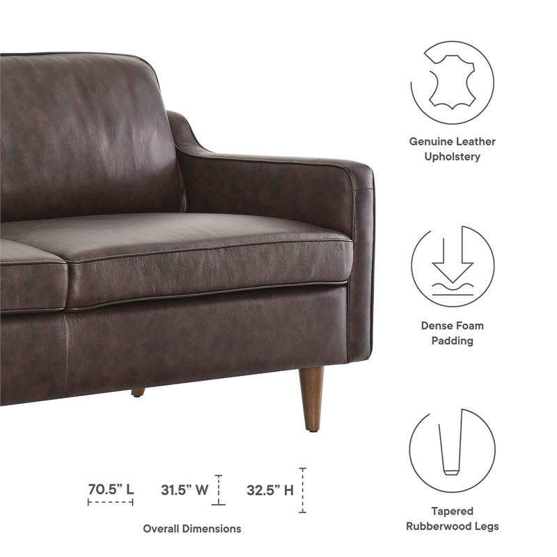 Maklaine Contemporary Genuine Leather Upholstered Sofa in Brown