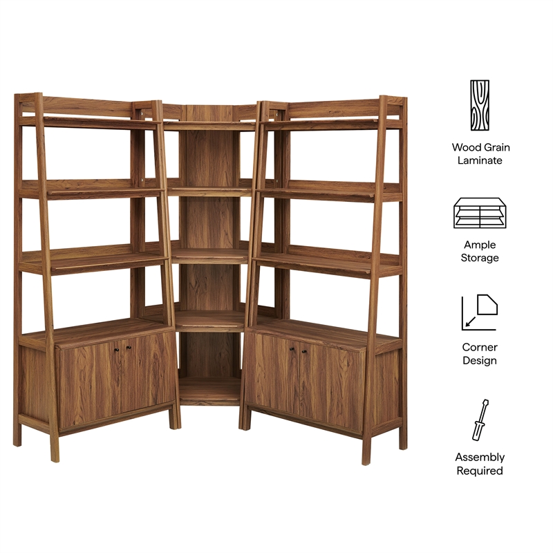 Maklaine 3-Piece Corner Bookshelf Set with Wide Bookshelves in Walnut