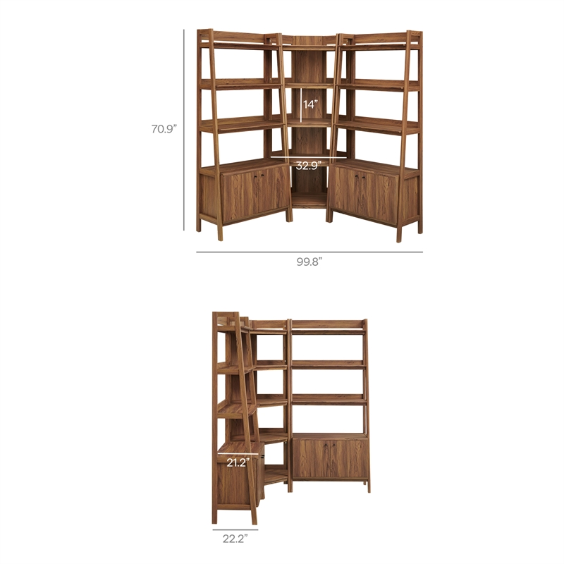 Maklaine 3-Piece Corner Bookshelf Set with Wide Bookshelves in Walnut
