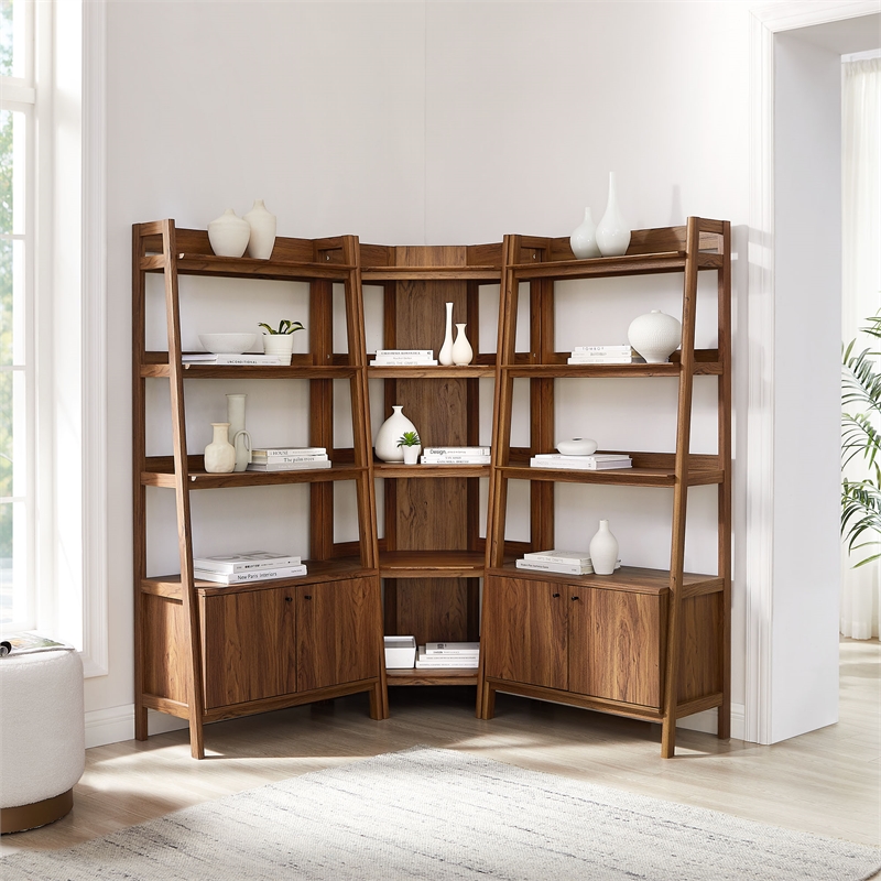 Maklaine 3-Piece Corner Bookshelf Set with Wide Bookshelves in Walnut