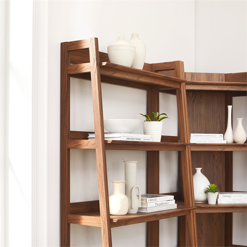 Maklaine 3-Piece Corner Bookshelf Set with Wide Bookshelves in Walnut