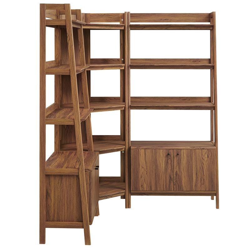 Maklaine 3-Piece Corner Bookshelf Set with Wide Bookshelves in Walnut