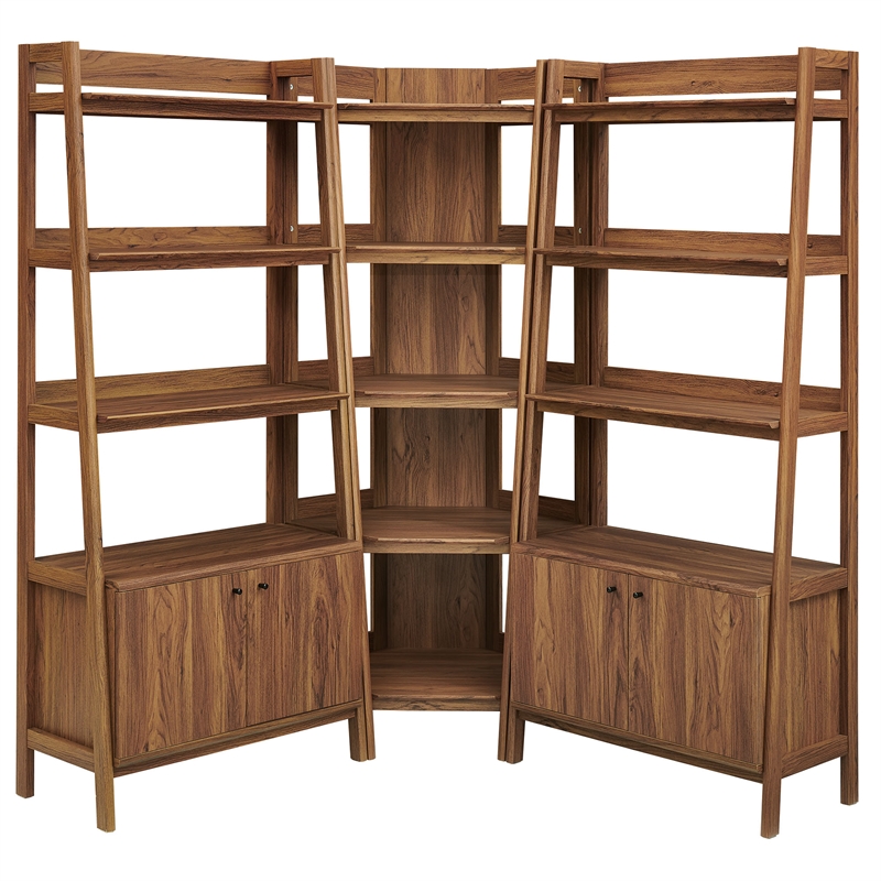 Maklaine 3-Piece Corner Bookshelf Set with Wide Bookshelves in Walnut