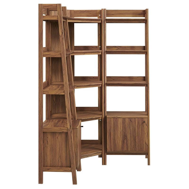 Maklaine 3-piece Corner Bookshelf Set with Narrow Bookshelves in Walnut