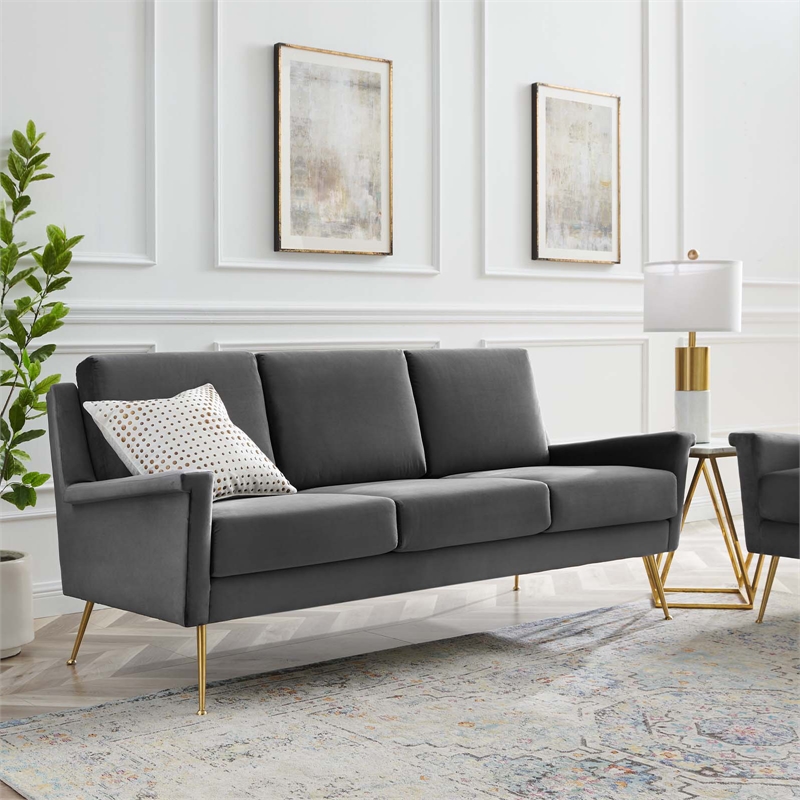 Maklaine Contemporary Performance Velvet Sofa in Gold and Gray
