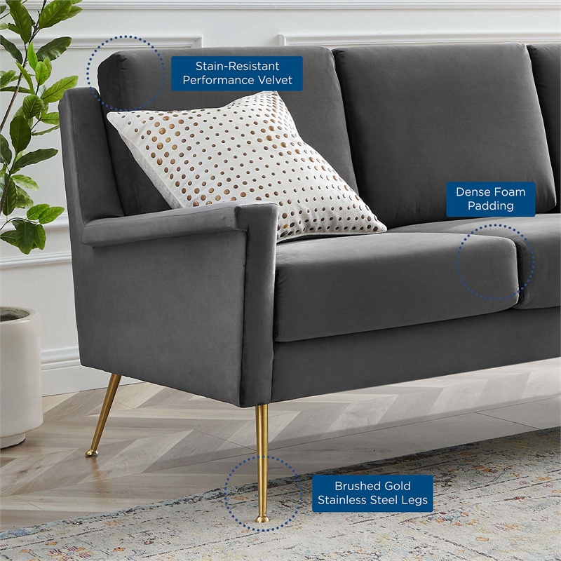 Maklaine Contemporary Performance Velvet Sofa in Gold and Gray