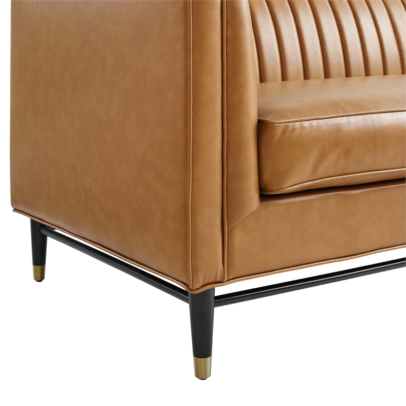 Maklaine Contemporary Channel Tufted Faux Leather Sofa in Tan