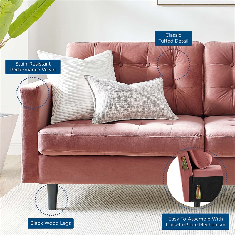 Maklaine Tufted Performance Velvet Sofa in Dusty Rose Pink/Black