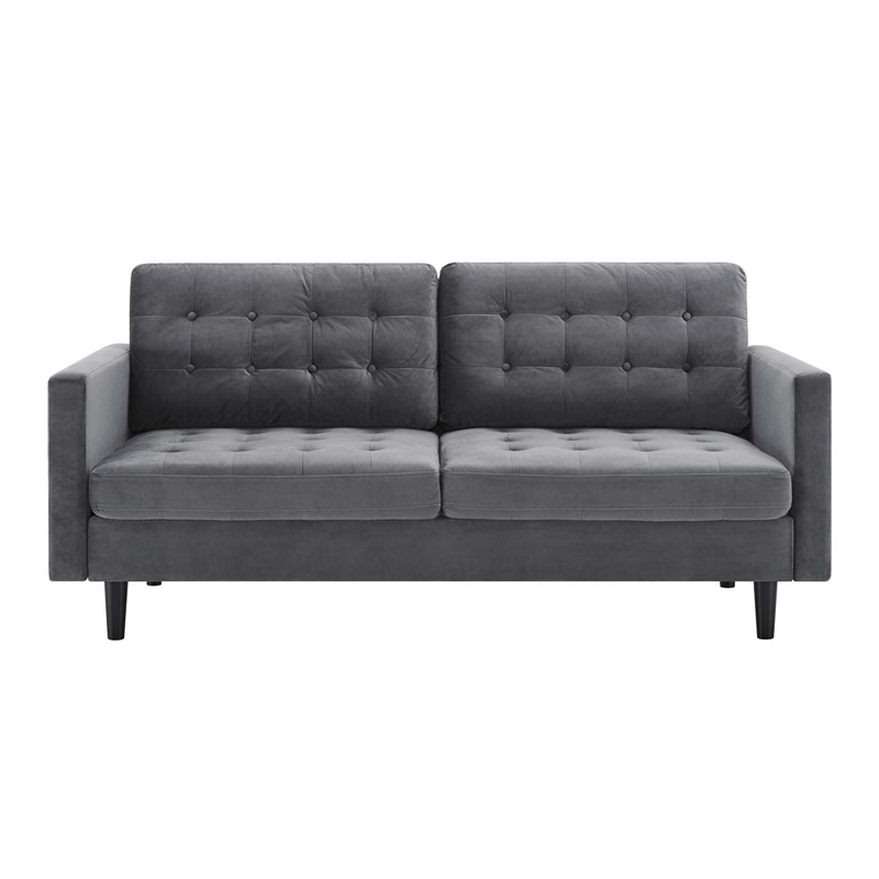 Maklaine Contemporary Tufted Performance Velvet Sofa in Gray and Black