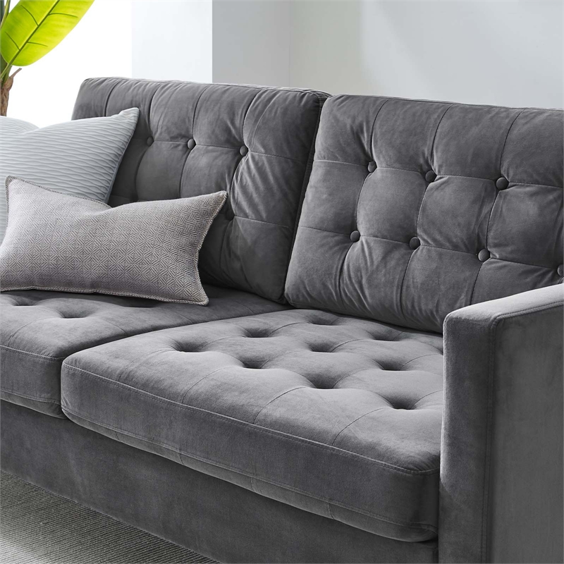 Maklaine Contemporary Tufted Performance Velvet Sofa in Gray and Black