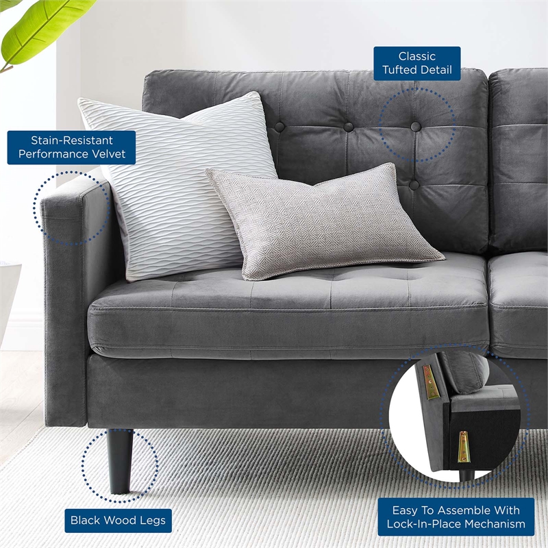 Maklaine Contemporary Tufted Performance Velvet Sofa in Gray and Black