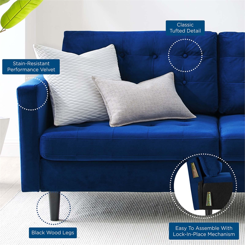 Maklaine Contemporary Tufted Performance Velvet Sofa in Navy and Black