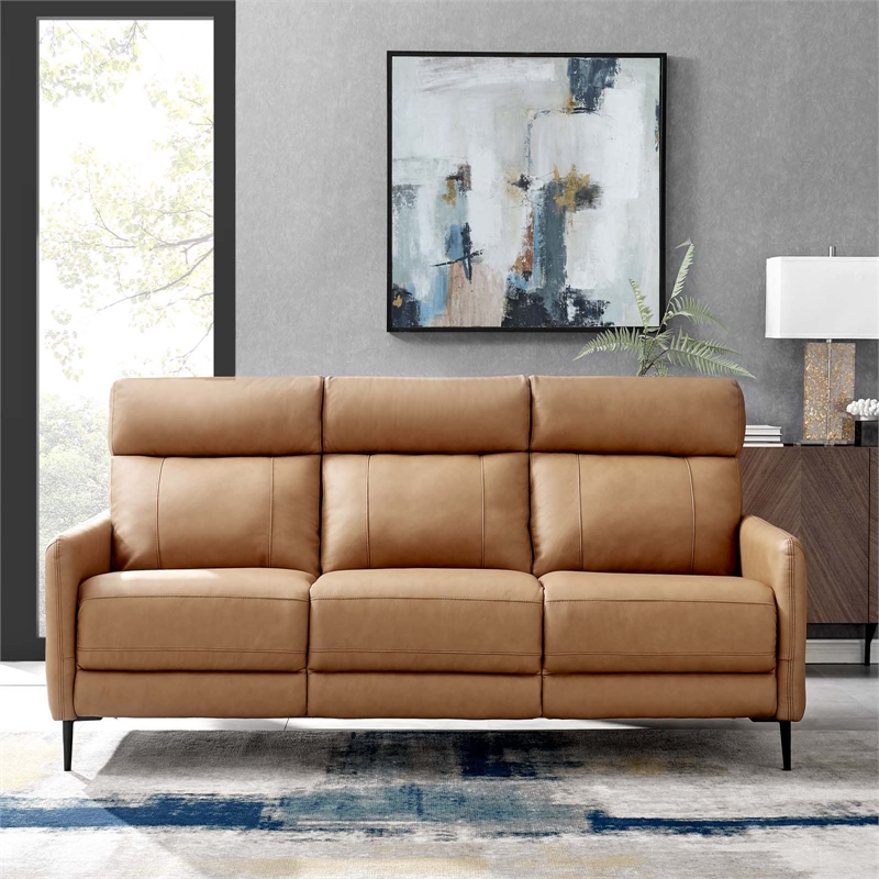 Maklaine Contemporary Leather Upholstered Sofa in Tan & Black