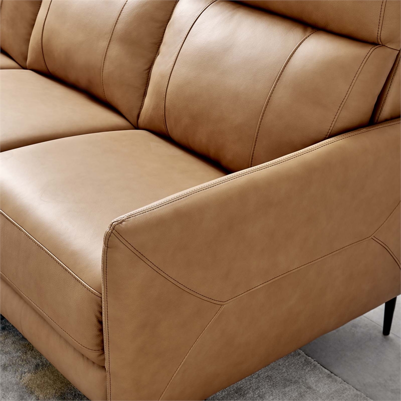 Maklaine Contemporary Leather Upholstered Sofa in Tan & Black
