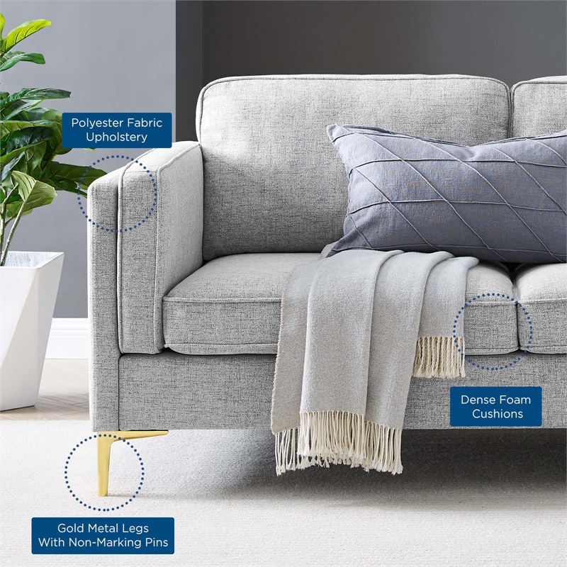 Maklaine Modern Polyester Fabric Sofa with Gold Metal Leg in Light Gray