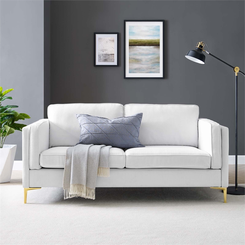 Maklaine Modern Polyester Fabric Sofa with Gold Metal Leg in White