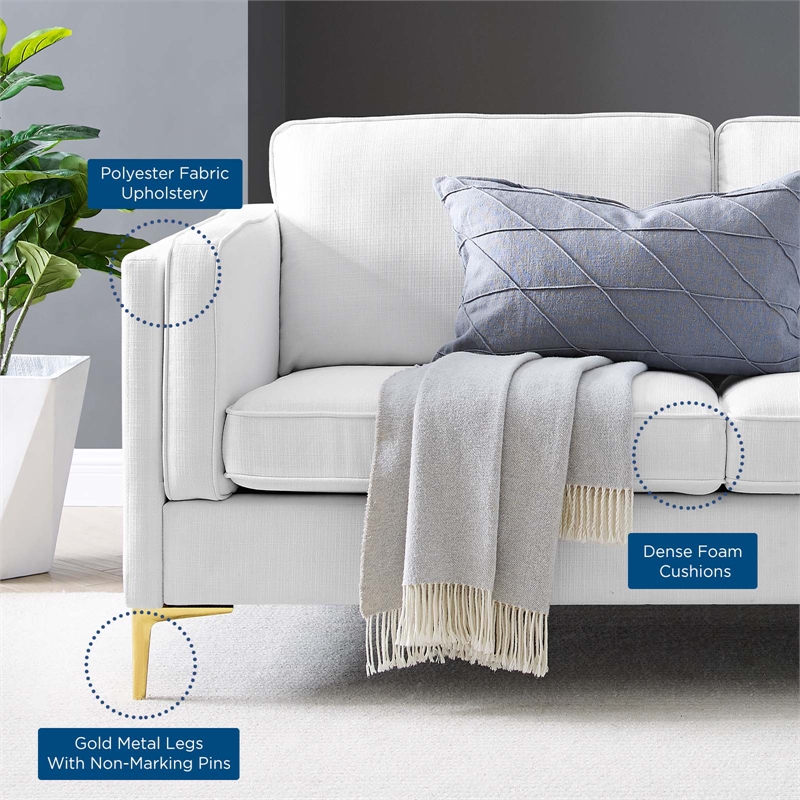 Maklaine Modern Polyester Fabric Sofa with Gold Metal Leg in White