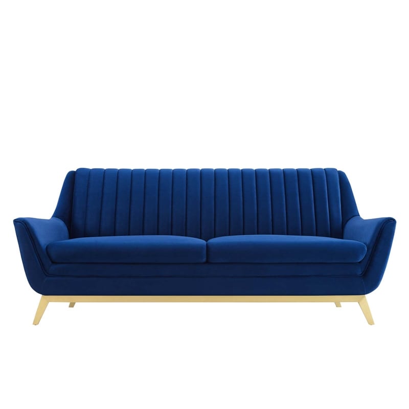 Maklaine Channel Tufted Performance Velvet Upholstered Sofa in Navy