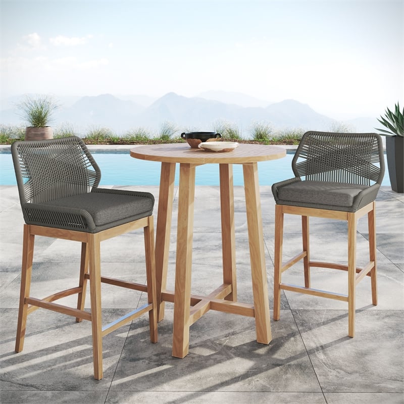Maklaine Contemporary Slatted Tabletop 3-Piece Bar Set in Gray Graphite