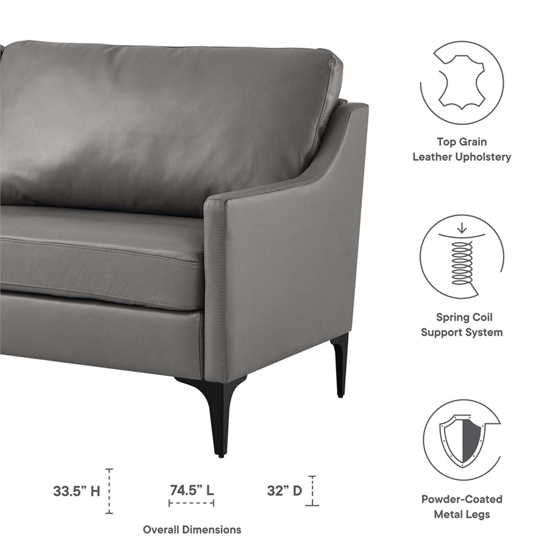 Maklaine Modern / Contemporary Leather and Metal Sofa in Gray Finish