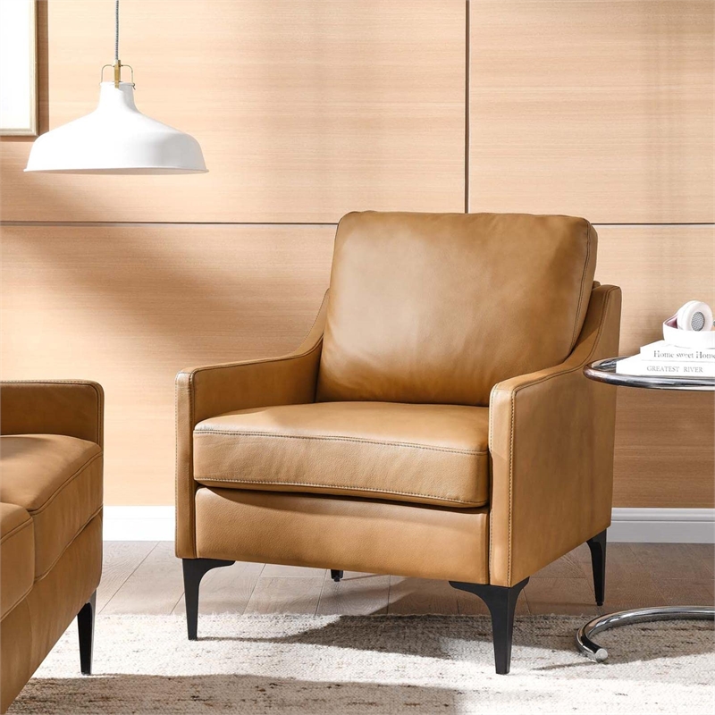Maklaine Modern / Contemporary Leather and Metal Armchair in Tan