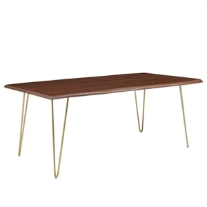 Maklaine 74&quot Live Edge Acacia Wood and Metal Dining Table in Gold/Walnut
