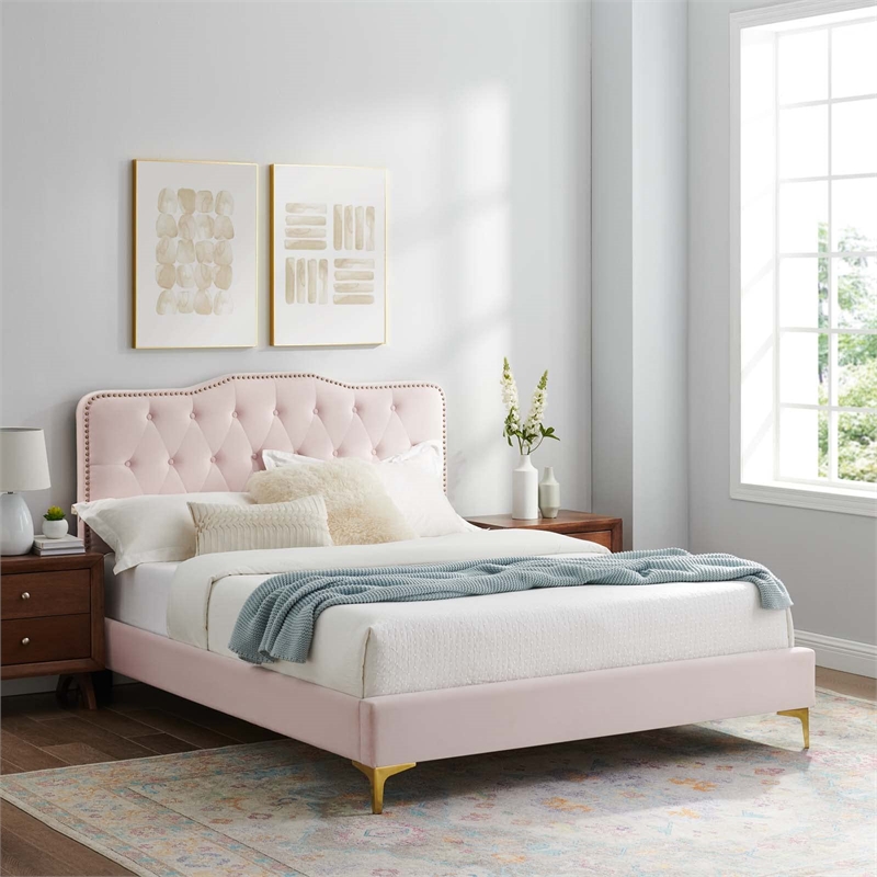 Maklaine Modern Performance Velvet Full Platform Bed in Pink