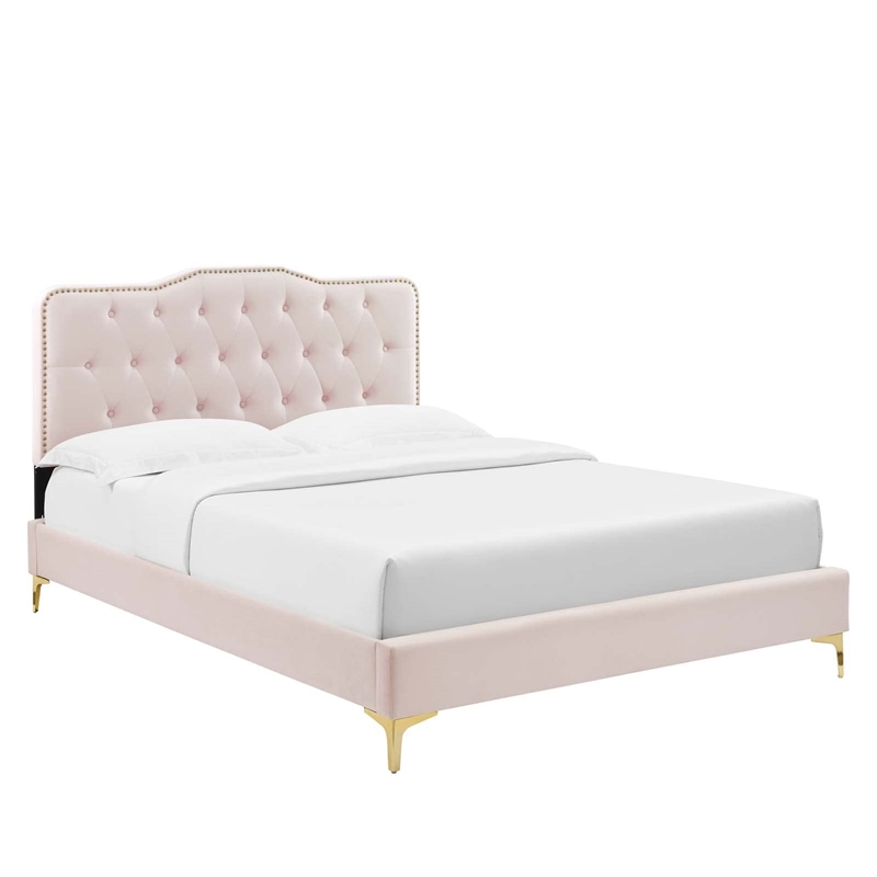 Maklaine Modern Performance Velvet Full Platform Bed in Pink