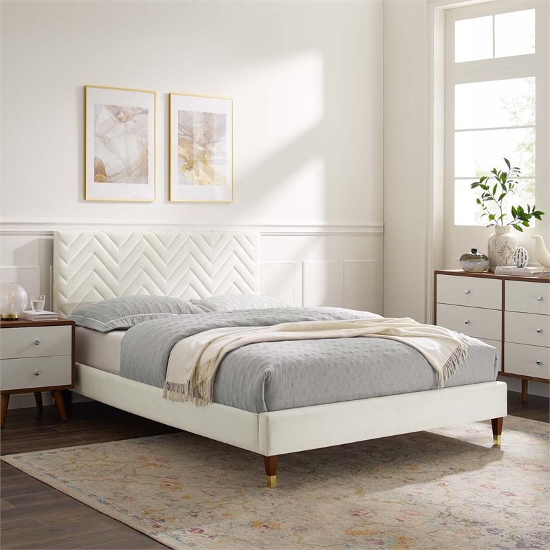 Maklaine Tufted Performance Velvet Full Platform Bed - White