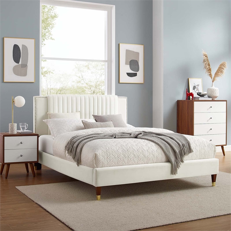 Maklaine Contemporary Channel Tufted Velvet Full Platform Bed in White