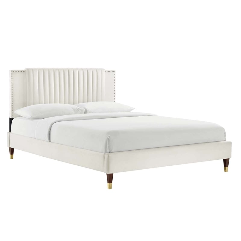 Maklaine Contemporary Channel Tufted Velvet Full Platform Bed in White