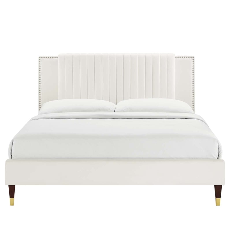Maklaine Contemporary Channel Tufted Velvet Full Platform Bed in White