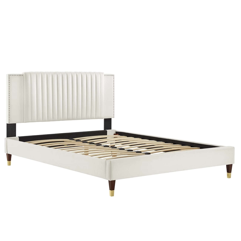 Maklaine Contemporary Channel Tufted Velvet Full Platform Bed in White