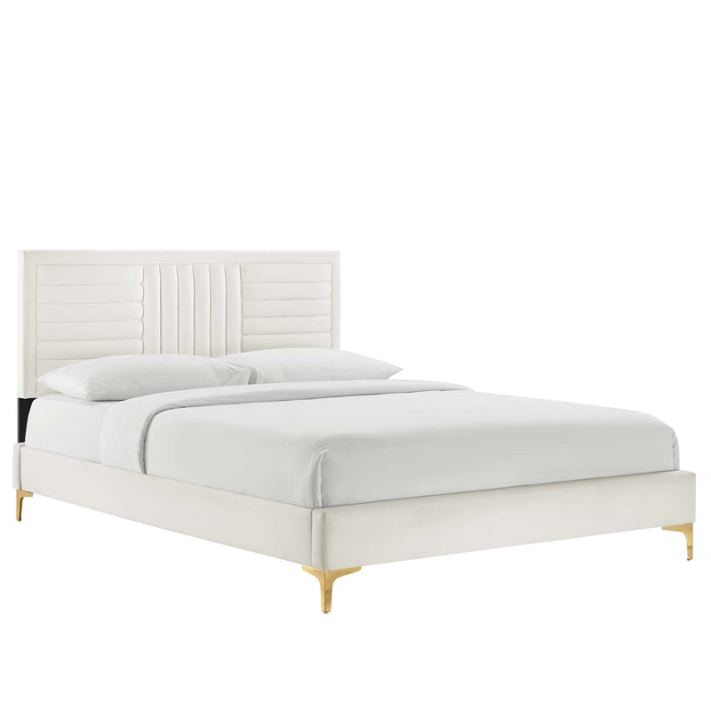 Maklaine Channel Tufted Performance Velvet Queen Platform Bed in White