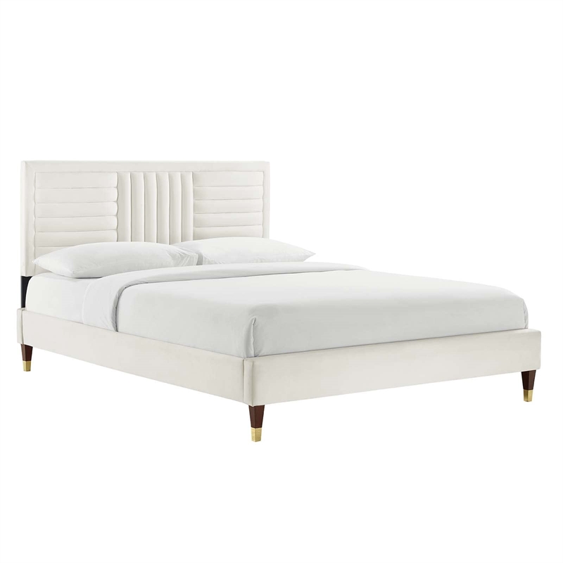 Maklaine Contemporary Channel Tufted Velvet Full Platform Bed in White