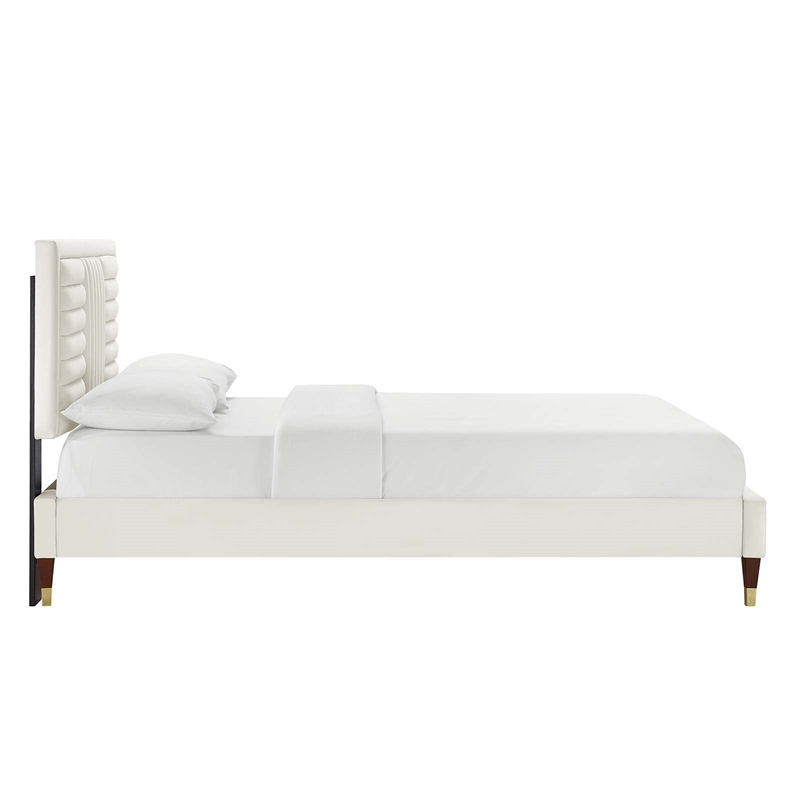 Maklaine Contemporary Channel Tufted Velvet Full Platform Bed in White