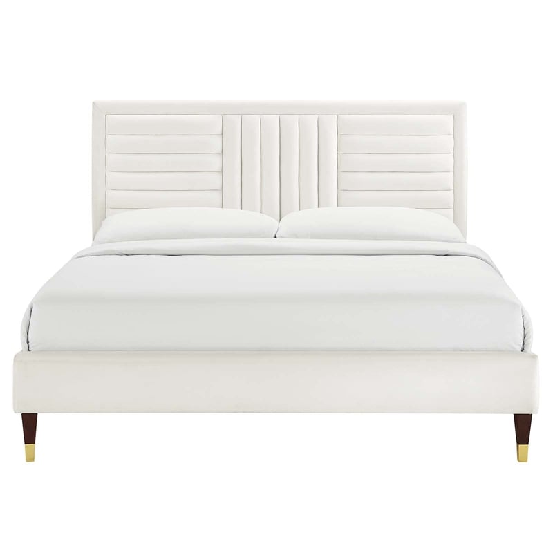 Maklaine Contemporary Channel Tufted Velvet Full Platform Bed in White