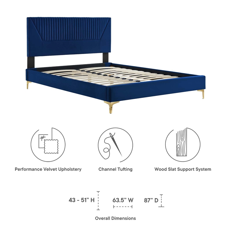 Maklaine Channel Tufted Velvet Full Platform Bed in Navy Finish