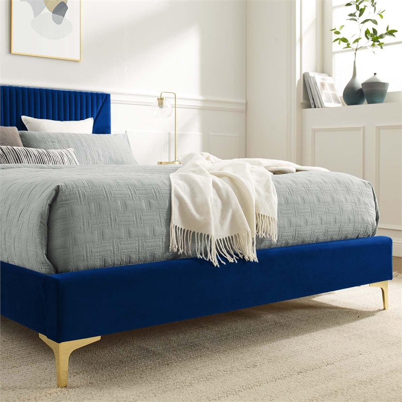 Maklaine Channel Tufted Velvet Full Platform Bed in Navy Finish