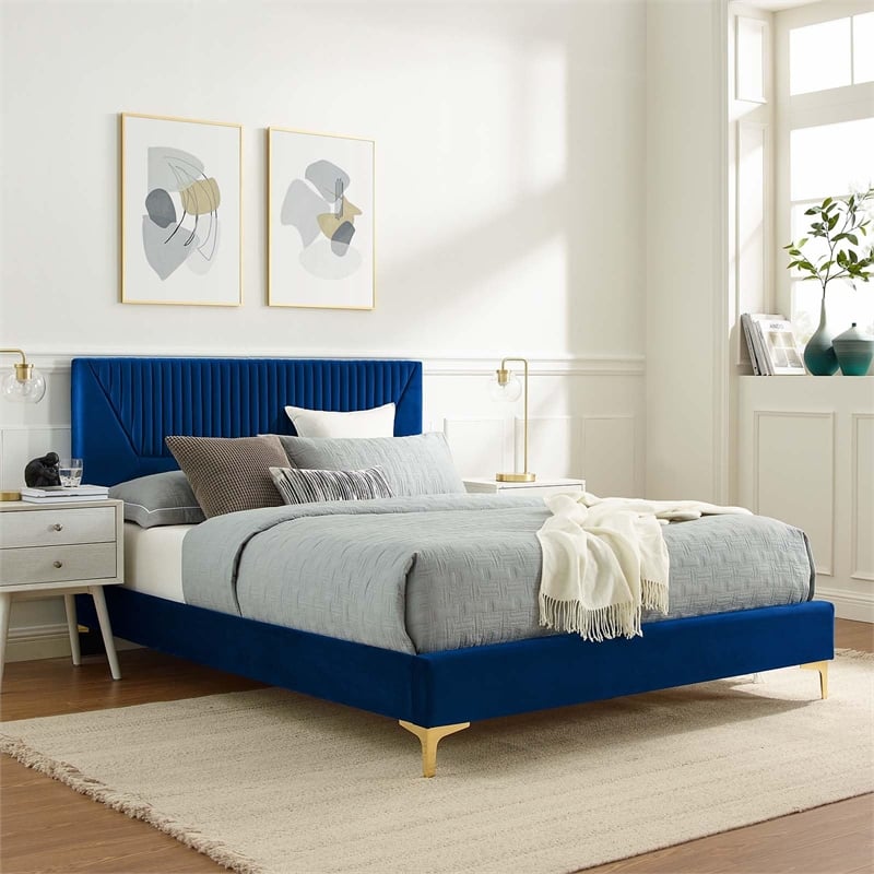 Maklaine Channel Tufted Velvet Full Platform Bed in Navy Finish