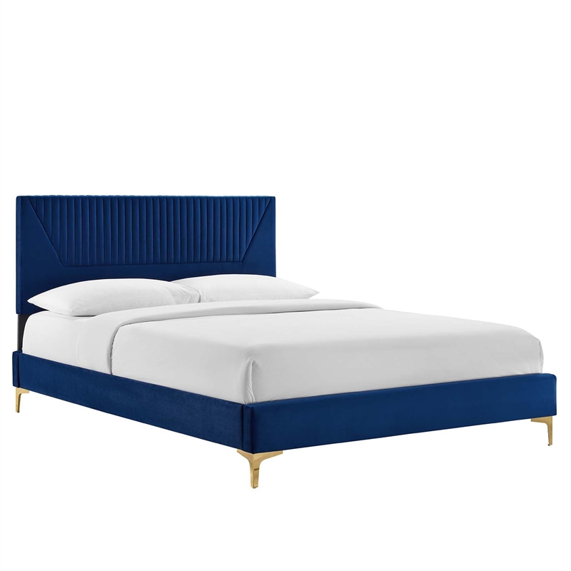 Maklaine Channel Tufted Velvet Full Platform Bed in Navy Finish