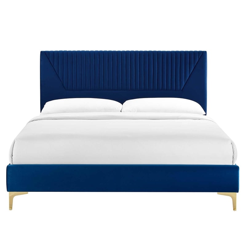 Maklaine Channel Tufted Velvet Full Platform Bed in Navy Finish