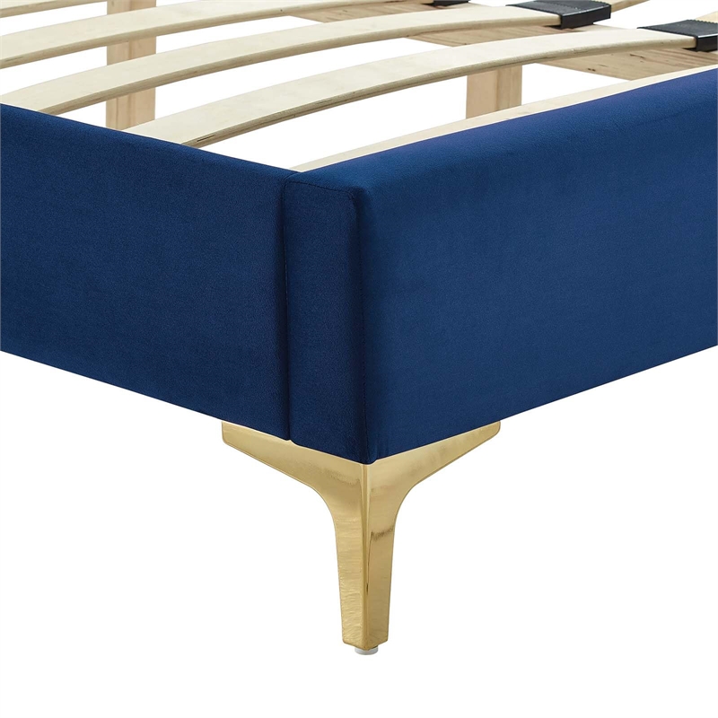 Maklaine Channel Tufted Velvet Full Platform Bed in Navy Finish