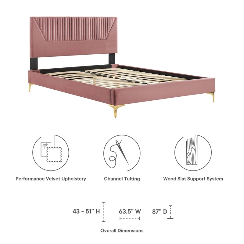 Maklaine Channel Tufted Velvet King Platform Bed in Dusty Rose Finish